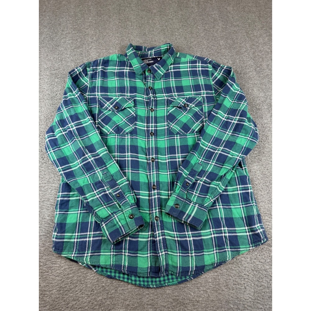 American Eagle Flannel Shirt Men's XXL Green Plaid Vintage Fit Cotton